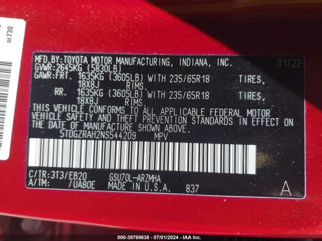 Toyota Highlander Xle 2022 5TDGZRAH2NS544209 Image 9