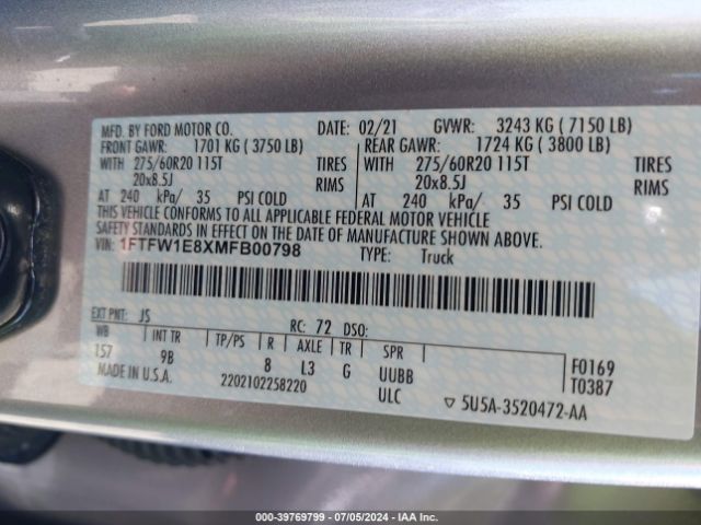 1FTFW1E8XMFB00798 Ford F-150 Platinum