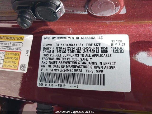 Honda Pilot 2wd Ex 2021 5FNYF5H34MB019588 Image 9