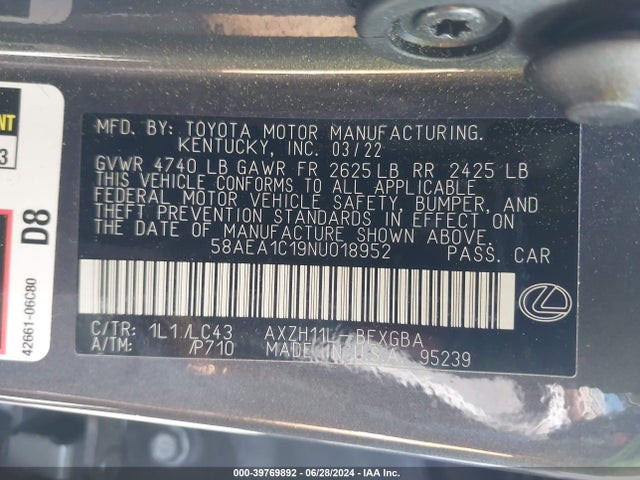 58AEA1C19NU018952 Lexus Es 300h Luxury
