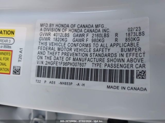 2HGFE1F96PH307607 Honda Civic Touring