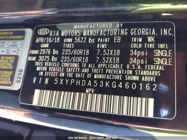 KIA Sorento 3.3l Ex 2019 5XYPHDA53KG460162 Image 9