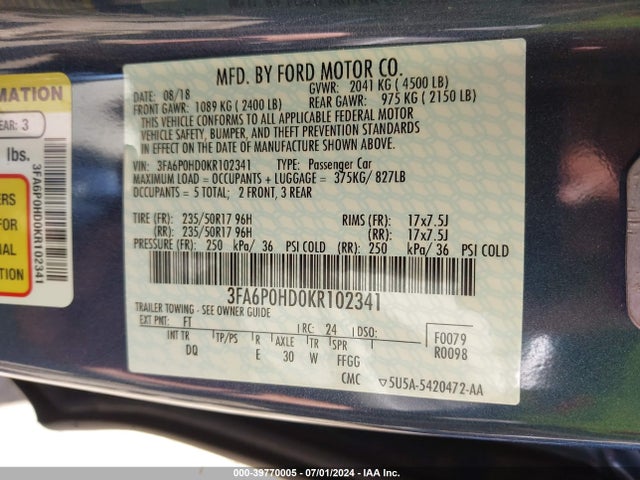 Ford FUSION SE 2019 3FA6P0HD0KR102341 Image 9