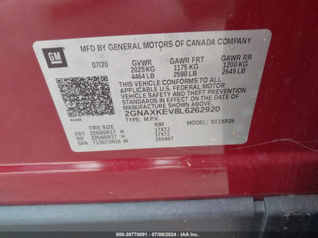 2GNAXKEV8L6262920 Chevrolet Equinox Fwd Lt 1.5l Turbo