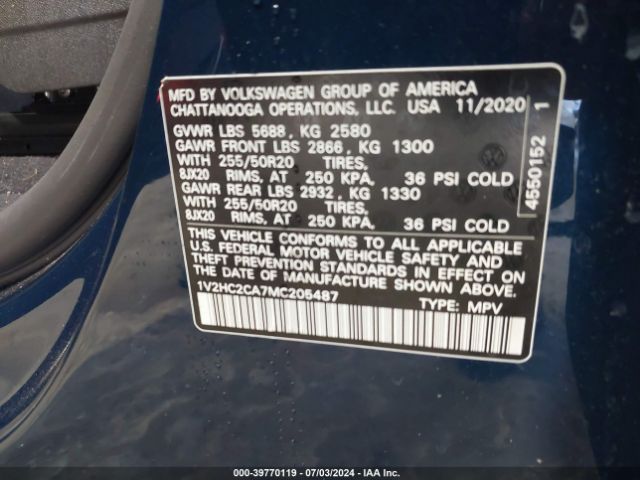 1V2HC2CA7MC205487 Volkswagen Atlas Cross Sport 2.0t Se W/technology