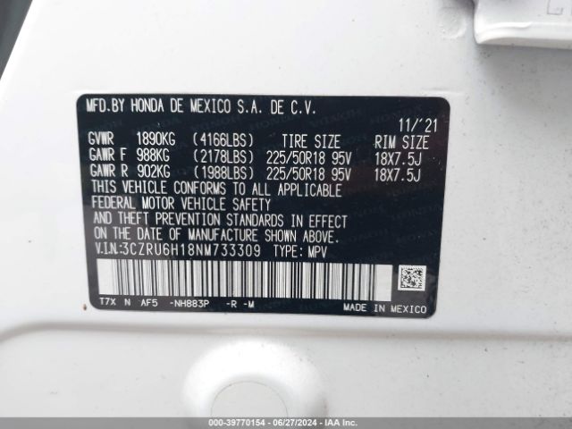 3CZRU6H18NM733309 Honda Hr-v Awd Sport