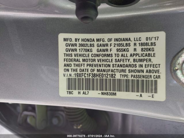 19XFC1F38HE012182 Honda Civic Ex-t