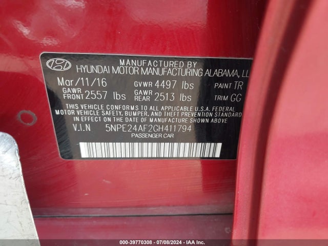 Hyundai Sonata 2016 5NPE24AF2GH411794 Image 9