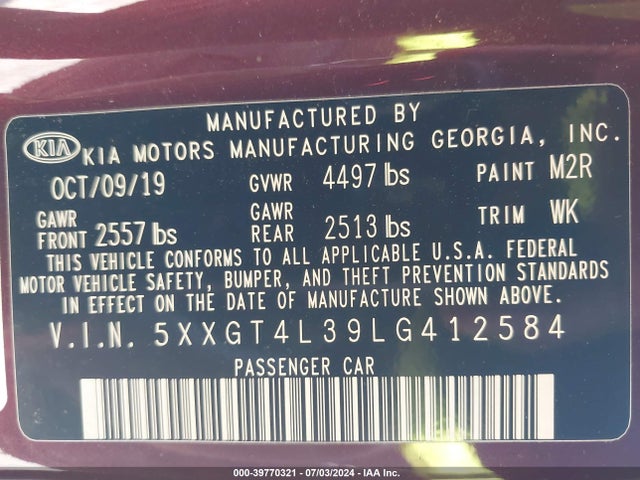 KIA Optima Lx 2020 5XXGT4L39LG412584 Image 9