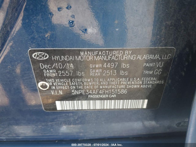 Hyundai Sonata Limited 2015 5NPE34AF4FH151586 Image 9