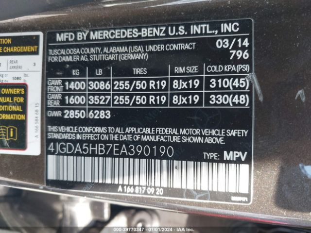 4JGDA5HB7EA390190 Mercedes-Benz Ml 350 4matic