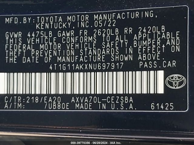4T1G11AKXNU697917 Toyota CAMRY SE