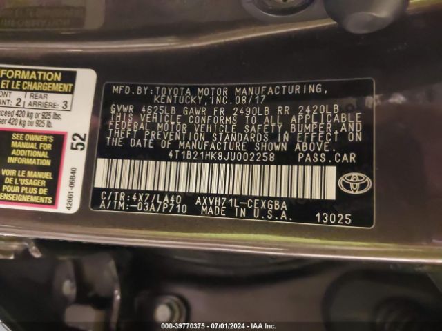 4T1B21HK8JU002258 Toyota Camry Hybrid Xle