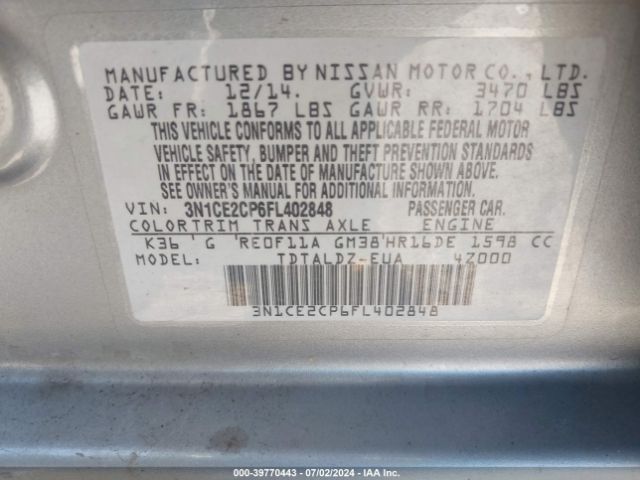 3N1CE2CP6FL402848 Nissan Versa Note S (sr)/s Plus/sl/sr/sv