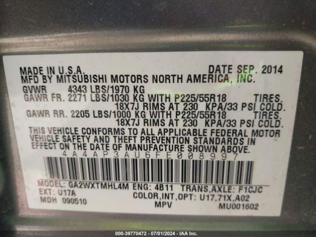 4A4AP3AU6FE008997 Mitsubishi Outlander Sport Es