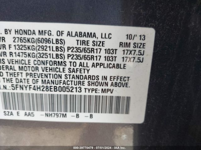 5FNYF4H28EB005213 Honda PILOT LX