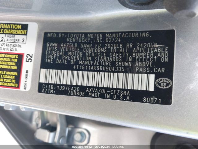 4T1G11AK9RU904335 Toyota CAMRY SE