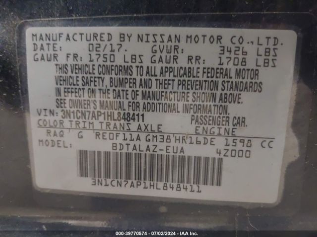 3N1CN7AP1HL848411 Nissan Versa 1.6 S+