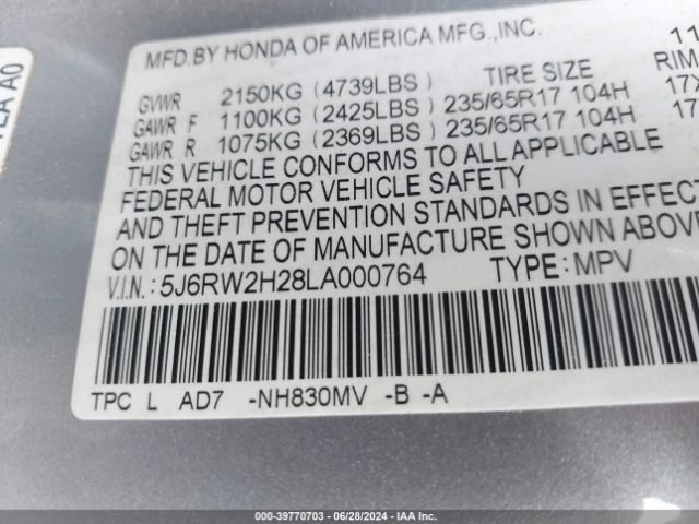 5J6RW2H28LA000764 Honda Cr-v Awd Lx