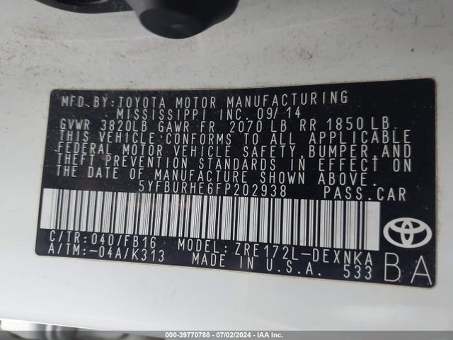 Toyota COROLLA LE 2015 5YFBURHE6FP202938 Image 9