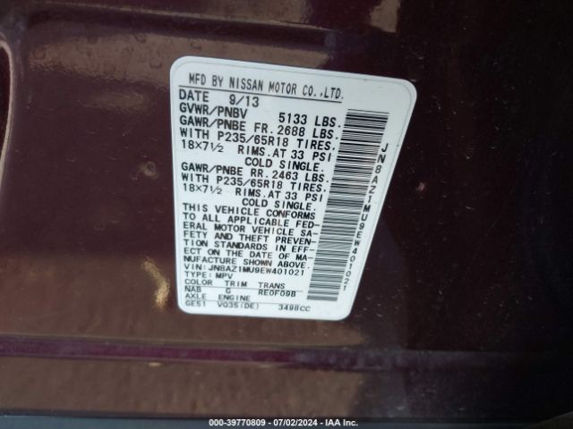 JN8AZ1MU9EW401021 Nissan MURANO SV