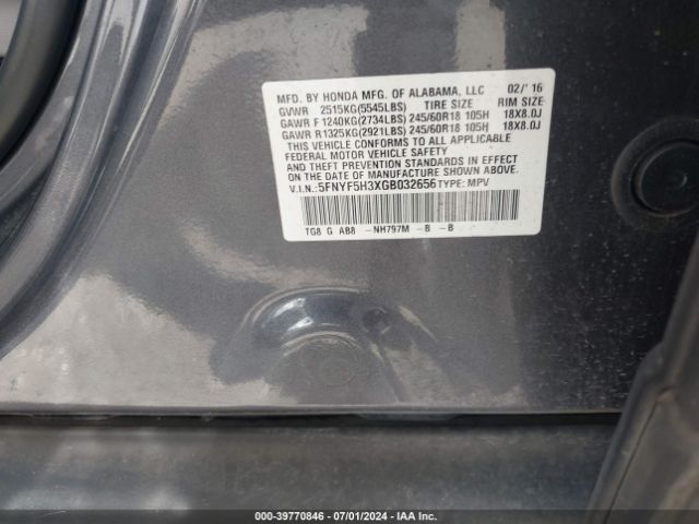 5FNYF5H3XGB032656 Honda Pilot Ex