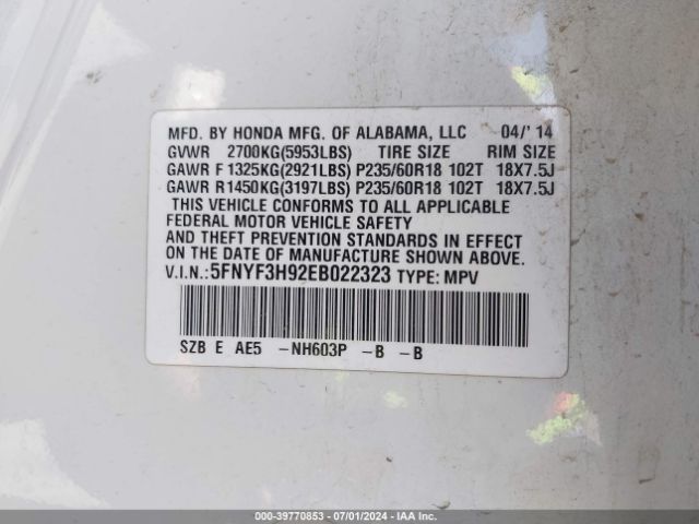 5FNYF3H92EB022323 Honda Pilot Touring