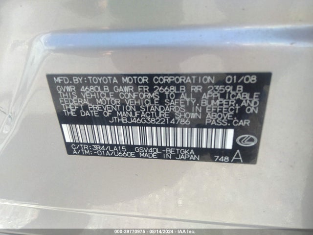 39770975 :رقم المزاد ، JTHBJ46G382214786 vin ، 2008 Lexus Es 350 مزاد بيع