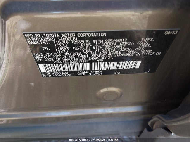 2013 TOYOTA RAV4 XLE VIN: JTMRFREV8DD017822