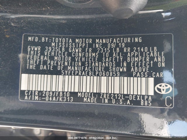 Toyota COROLLA LE 2020 5YFEPRAE8LP060859 Image 9