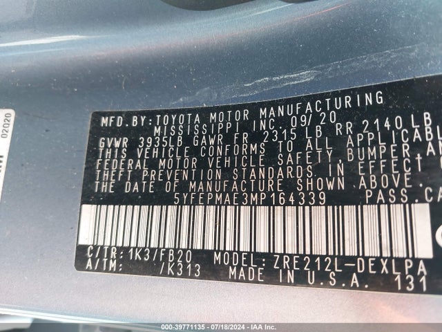 Toyota COROLLA LE 2021 5YFEPMAE3MP164339 Image 9