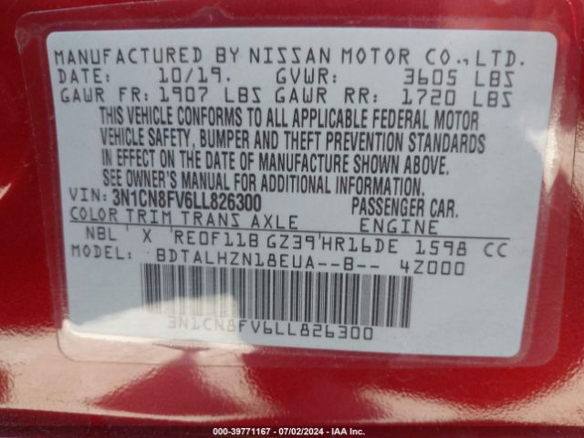 3N1CN8FV6LL826300 Nissan Versa Sr Xtronic Cvt