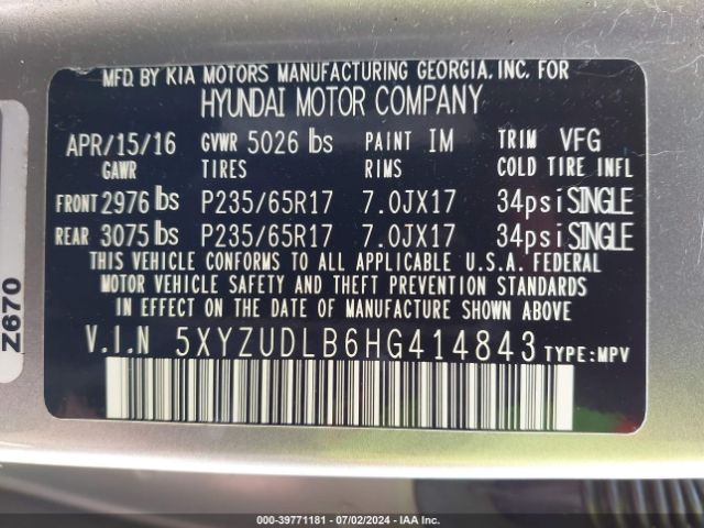 5XYZUDLB6HG414843 Hyundai Santa Fe Sport 2.4l