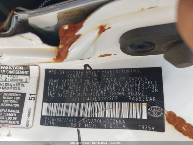 4T1C11AKXLU392302 Toyota CAMRY LE