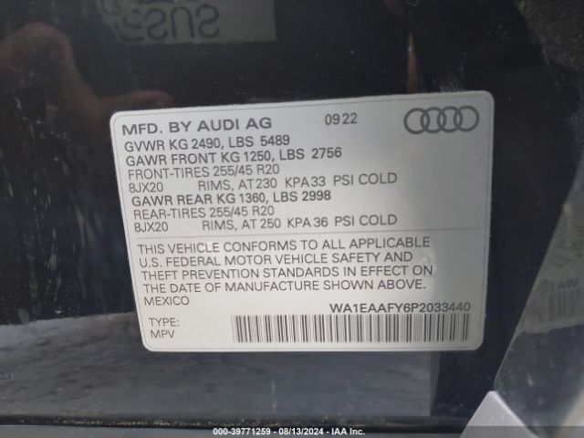 WA1EAAFY6P2033440 Audi Q5 Premium Plus 45 Tfsi S Line Quattro