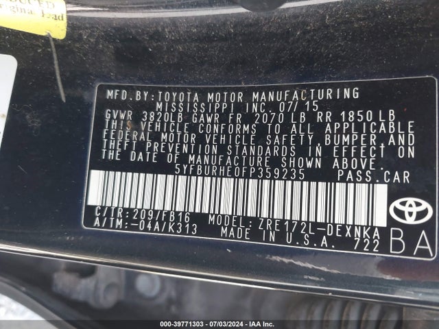 Toyota COROLLA LE 2015 5YFBURHE0FP359235 Image 9