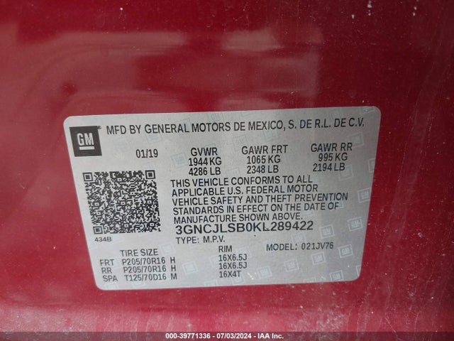Chevrolet Trax Lt 2019 3GNCJLSB0KL289422 Image 9