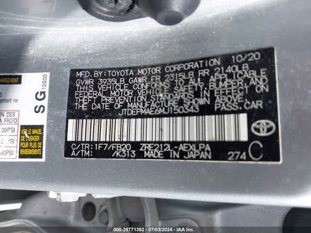 Toyota COROLLA LE 2021 JTDEPMAE6MJ150343 Image 9