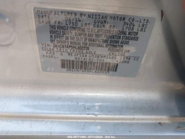 3N1CN7AP5HL802239 Nissan Versa 1.6 S/1.6 S+/1.6 Sl/1.6 Sv