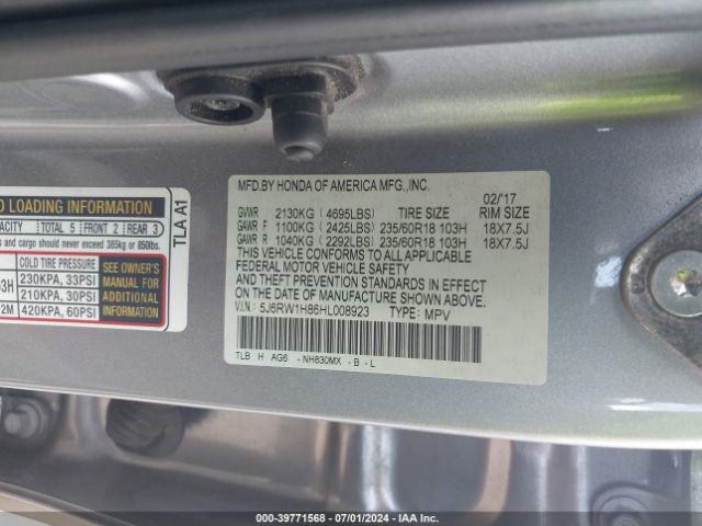 5J6RW1H86HL008923 Honda Cr-v Ex-l/ex-l Navi