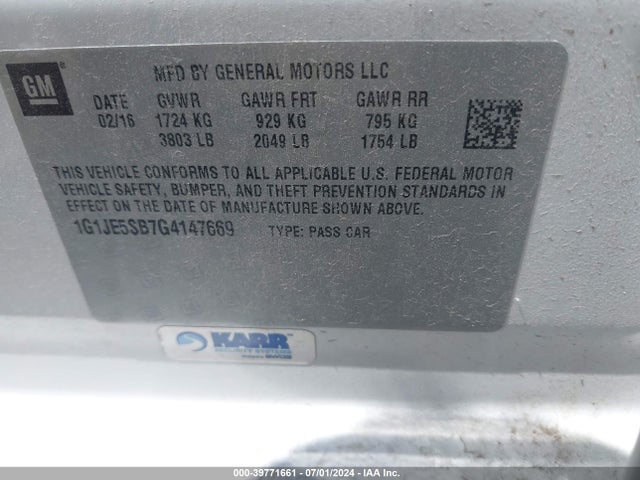 Chevrolet Sonic Ltz Auto 2016 1G1JE5SB7G4147669 Image 9