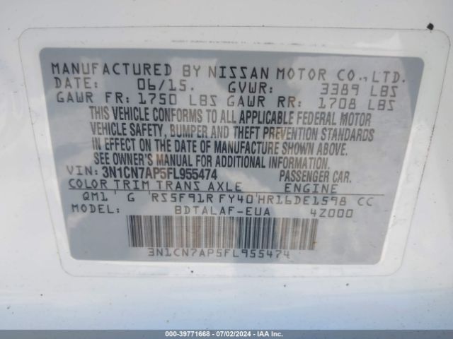 3N1CN7AP5FL955474 Nissan Versa 1.6 S