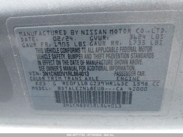 3N1CN8DV1RL864013 Nissan Versa 1.6 S
