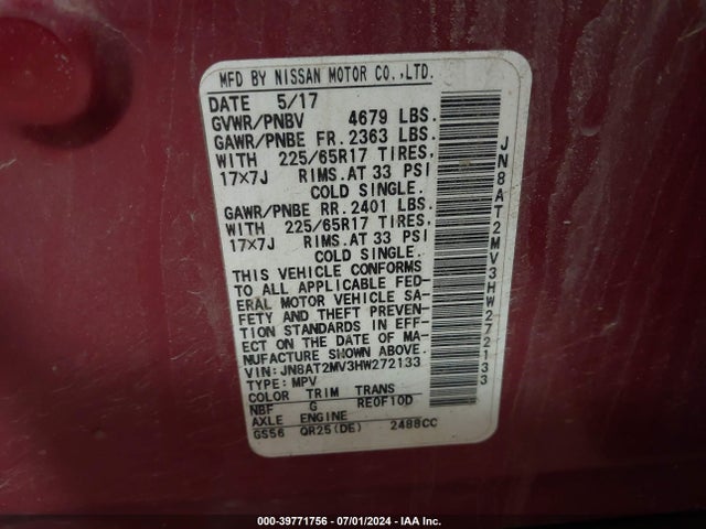 Nissan ROGUE SV 2017 JN8AT2MV3HW272133 Image 9