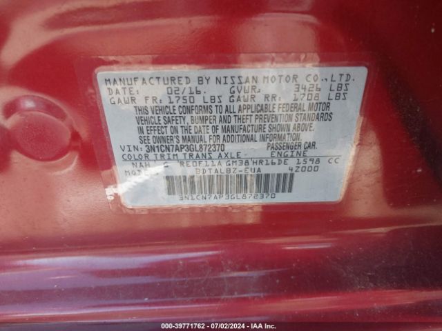 3N1CN7AP3GL872370 Nissan Versa 1.6 S/1.6 S+/1.6 Sl/1.6 Sv