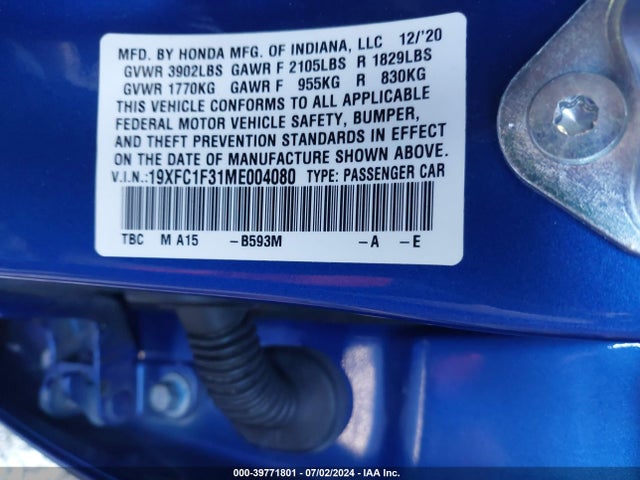 Honda CIVIC EX 2021 19XFC1F31ME004080 Image 9