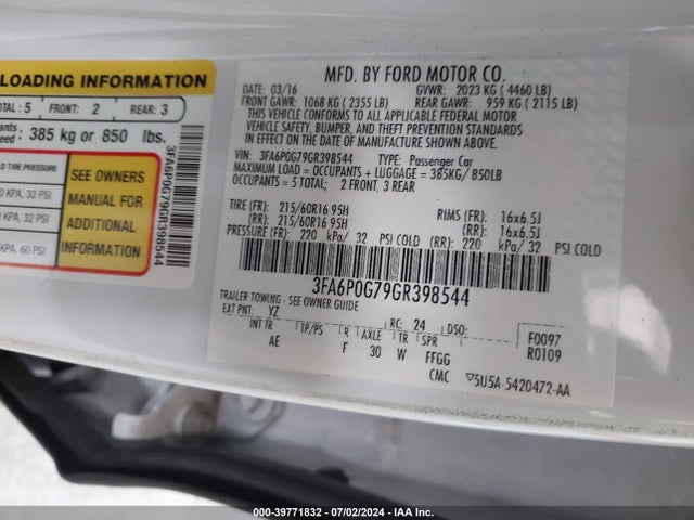 Ford FUSION S 2016 3FA6P0G79GR398544 Image 9