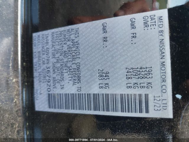1N4BL4DV7RN367920 Nissan Altima Sv Fwd