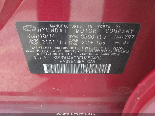 KMHDH4AE0FU250492 Hyundai ELANTRA SE