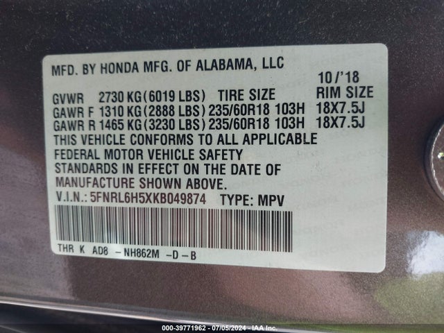 Honda ODYSSEY EX 2019 5FNRL6H5XKB049874 Image 9